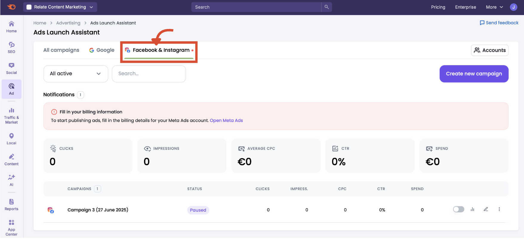 Meta Ads reporting screen in Ads Launch Assistant.