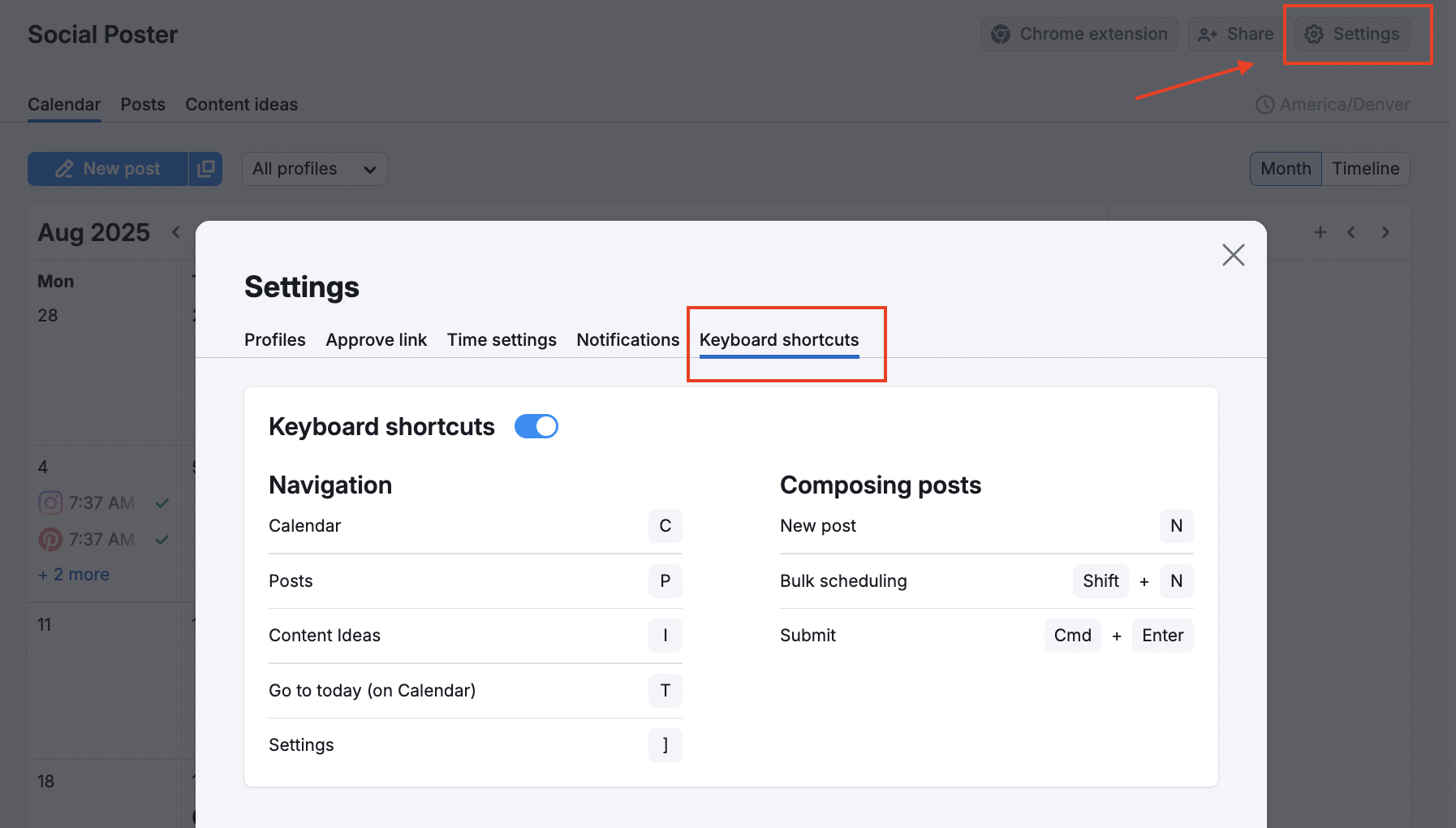 Social Poster settings showing the Keyboard Shortcuts tab open, with the gear button highlighted in the upper right corner.