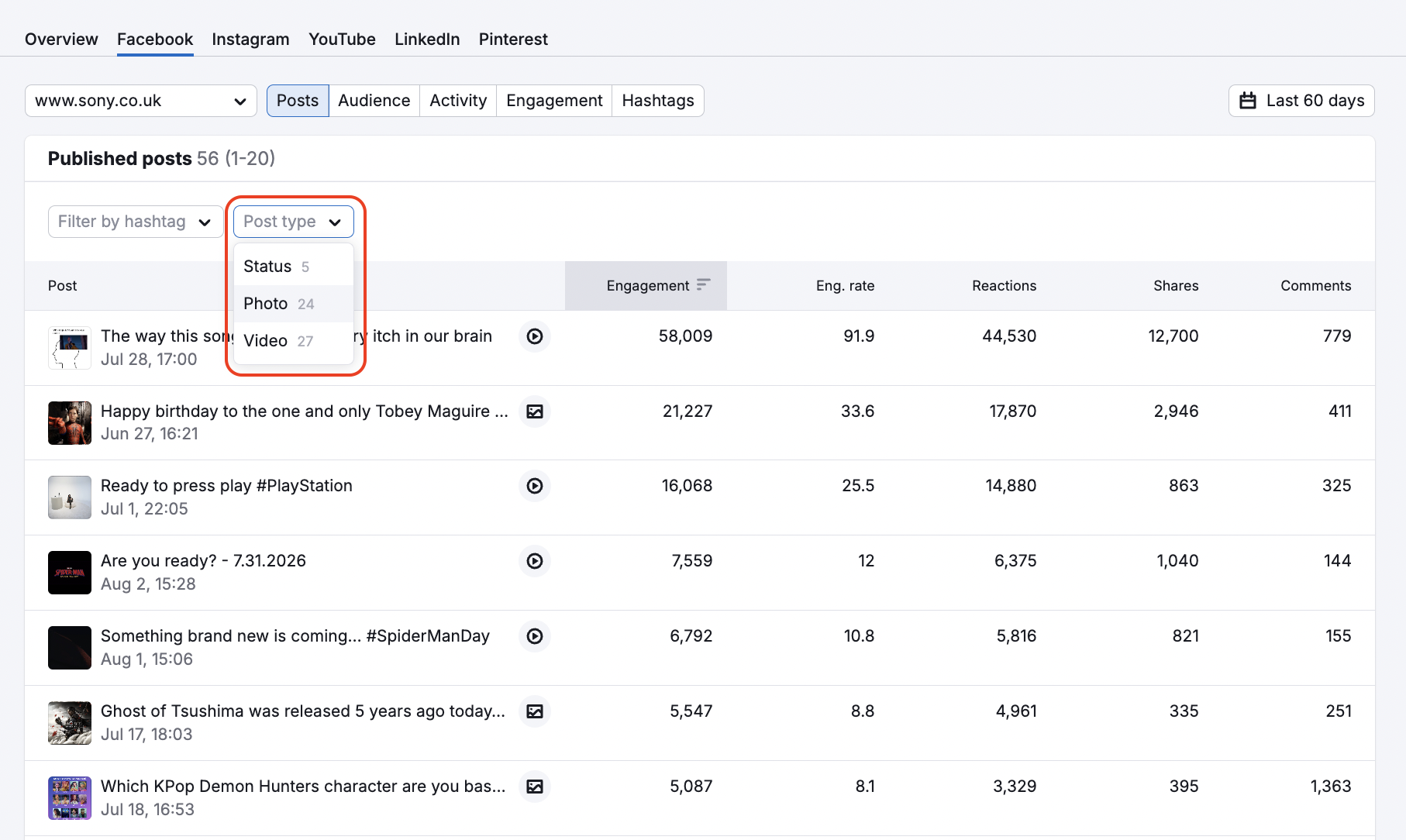 An example of the Facebook report in Social Tracker with a red rectangle highlighting the drop-down under the Post type field.