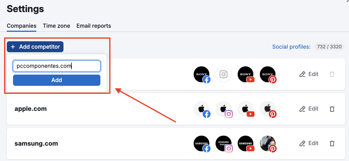 Enter the domain of the competitor you would like to add.