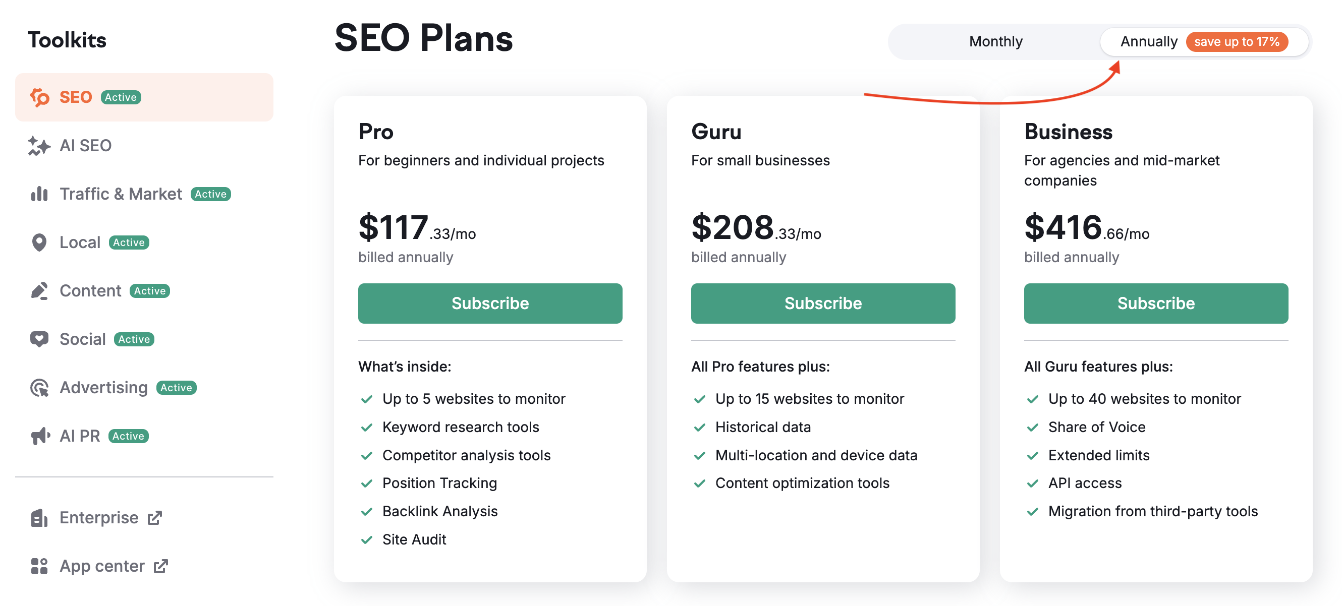 Pricing page shows how by activating Annually switcher you can check the difference between annual and monthly prices.