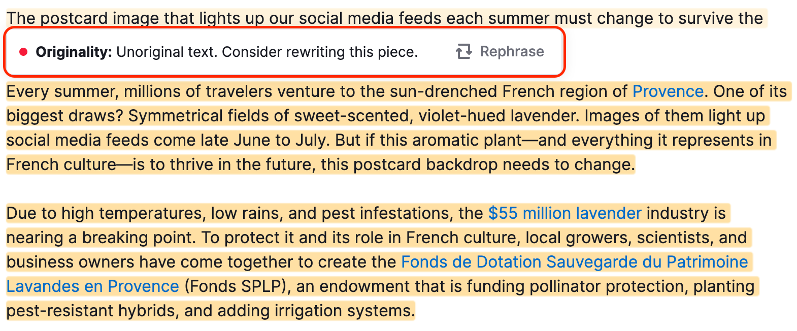 An example of the unoriginal text in SEO Writing Assistant with a pop-up 'Originality: Unoriginal text. Consider Rewriting this piece', and a Rephrase button next to this text highlighted with a red rectangle.