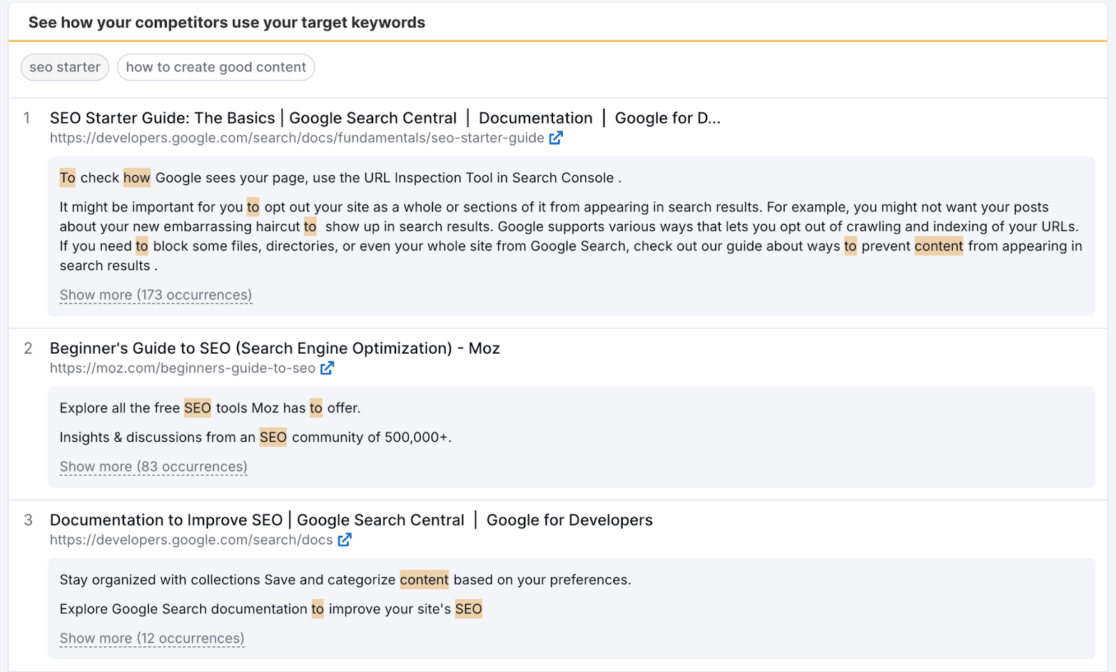 Comparison table showing how competitors use target keywords with snippets from top-ranking pages.