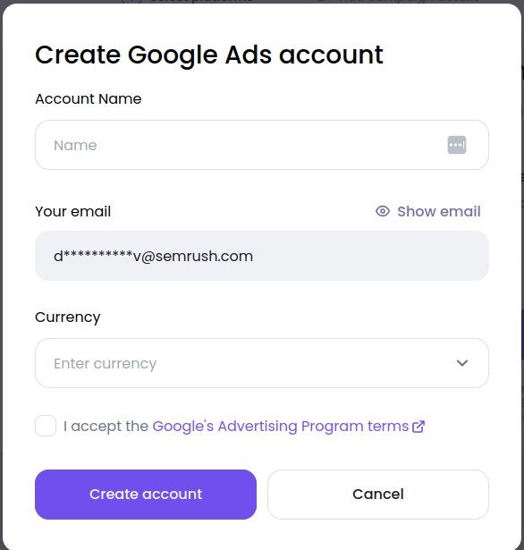 Create Google Ads account panel open with input fields visible.