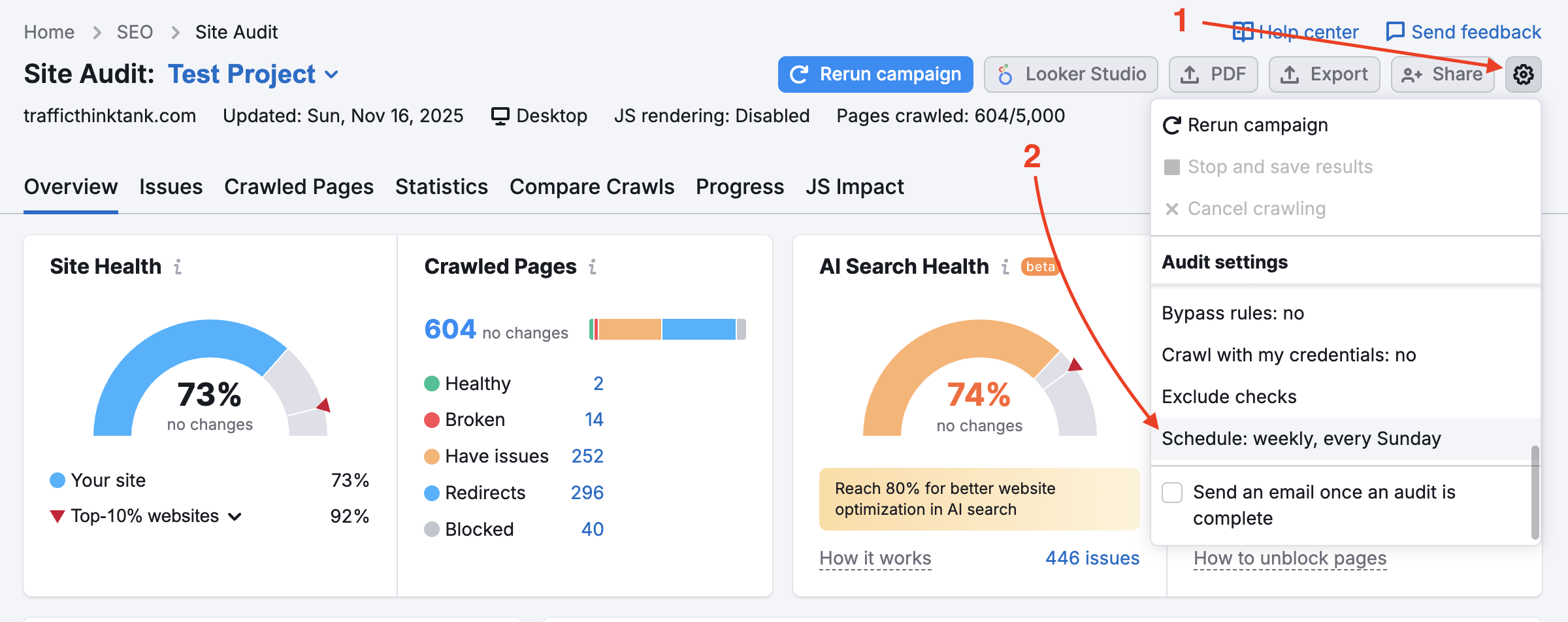 Where to find schedule parameters in the Site Audit settings menu.