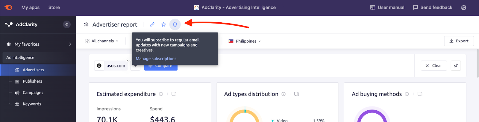 How to subscribe to advertisers and publishers in AdClarity &mdash; Advertising Intelligence.