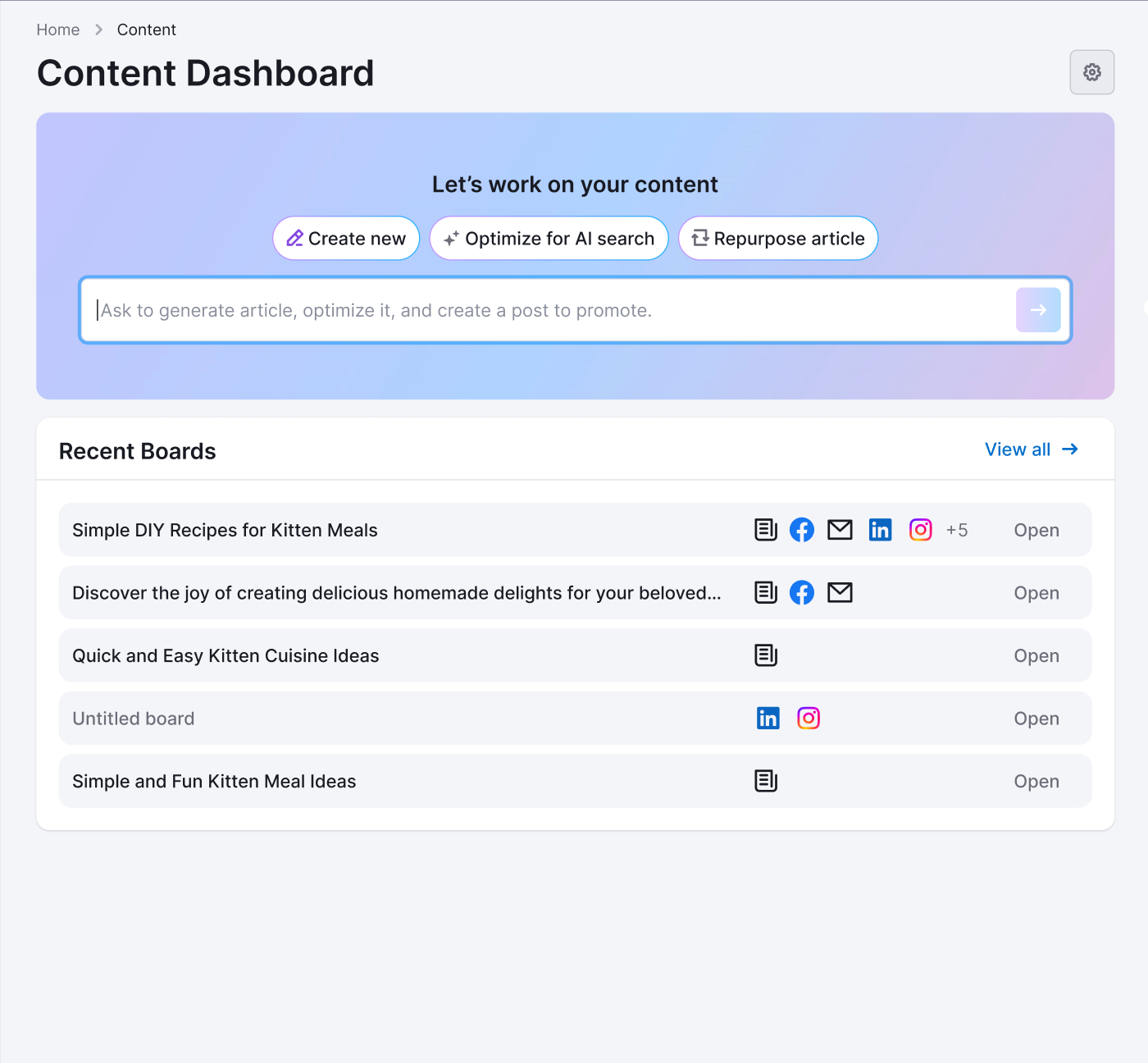 Content Toolkit dashboard showing workflow options and a search bar for typing prompts.