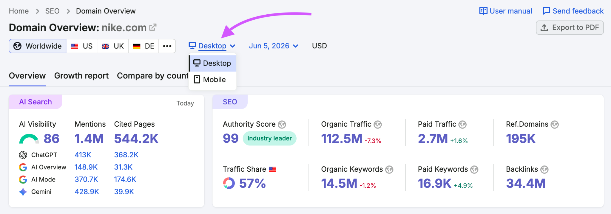 What mobile databases are available on Semrush? image 1